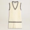 Abito gilet da donna in cotone bianco invecchiato con bordi a costine blu scuro e cristalli