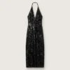 Abito lungo da donna in tulle con ricami floreali in paillettes nere