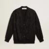 Cardigan da donna nero con ricamo tono su tono in perline in stile toile de jouy
