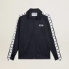 Felpa blu scuro con zip, striscia bianca e stelle a contrasto