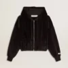 Felpa con cappuccio da donna nera in misto cotone con zip