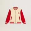 Giacca bomber da bambino in cotone beige e rosso con ricamo sul petto