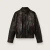 Giacca bomber da donna in pelle nappa bordeaux scuro con ricami floreali