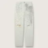 Jeans da donna sbiaditi con cristalli cabochon