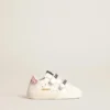 Set da scuola per bambini in nappa bianca con linguetta sul tallone in pelle rosa