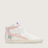 Slide da donna in pelle bianca con stella glitterata argento e dettaglio in pelle rosa