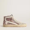Slide in glitter lilla con stella in pelle bianca e dettagli luccicanti