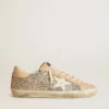 Super-Star da donna in glitter argento con stella in pelle e linguetta sul tallone