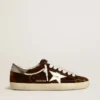 Super-Star da uomo in velluto color cognac con stella in pelle metallizzata e linguetta sul tallone