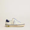 Super-Star Junior in pelle bianca con linguetta sul tallone in pelle scamosciata blu