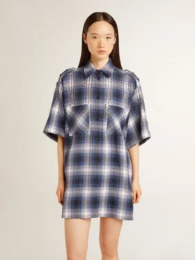 Abito camicia corto da donna con motivo a scacchiera 3D e ricami
