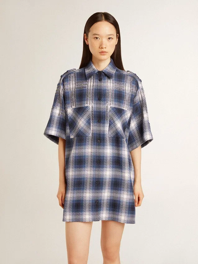 Abito camicia corto da donna con motivo a scacchiera 3D e ricami