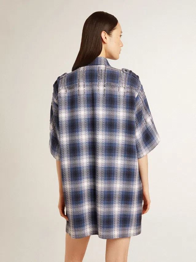 Abito camicia corto da donna con motivo a scacchiera 3D e ricami