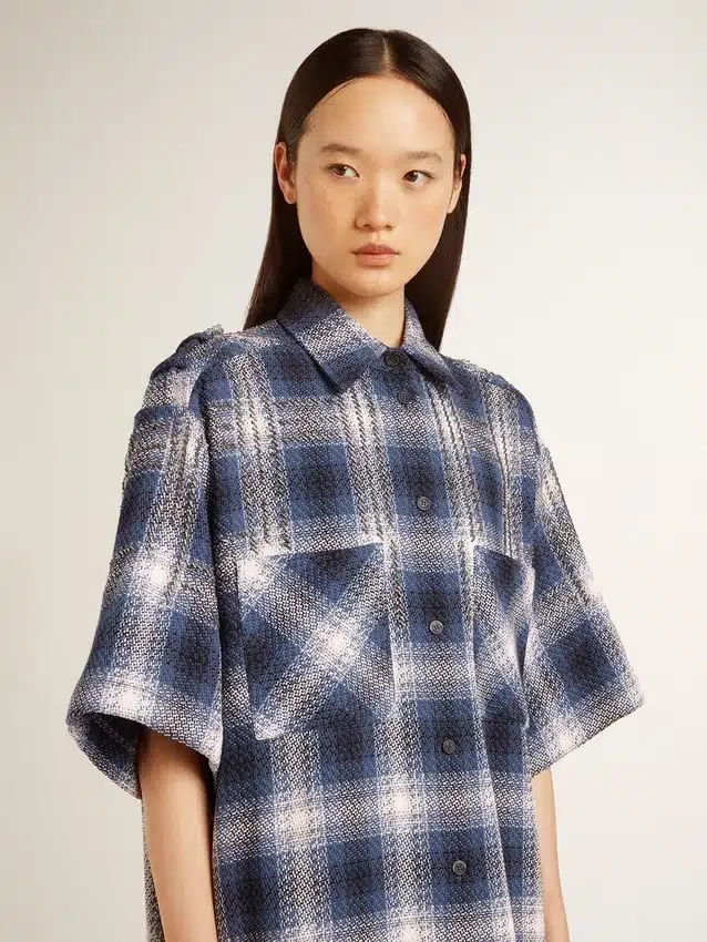 Abito camicia corto da donna con motivo a scacchiera 3D e ricami