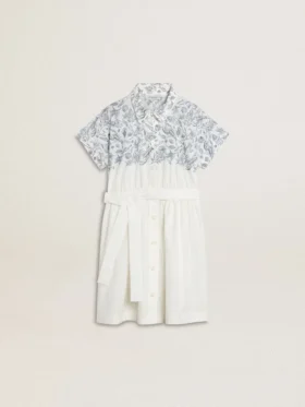 Abito camicia da bambina in tela di cotone bianca con stampa nautica blu e bordino bianco