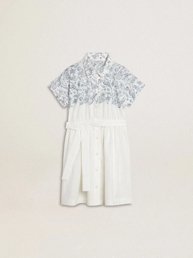 Abito camicia da bambina in tela di cotone bianca con stampa nautica blu e bordino bianco