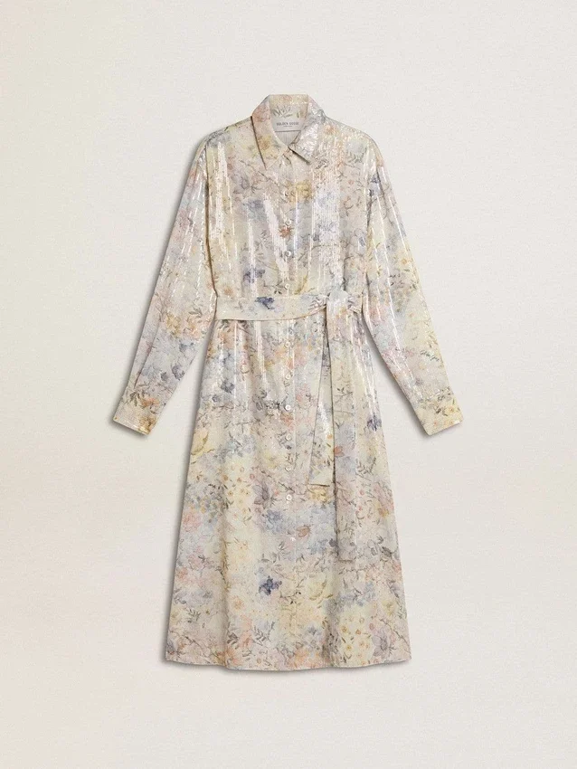 Abito camicia da donna con stampa floreale multicolore in paillettes