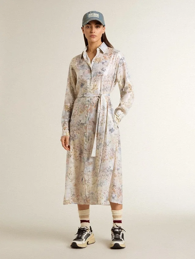 Abito camicia da donna con stampa floreale multicolore in paillettes