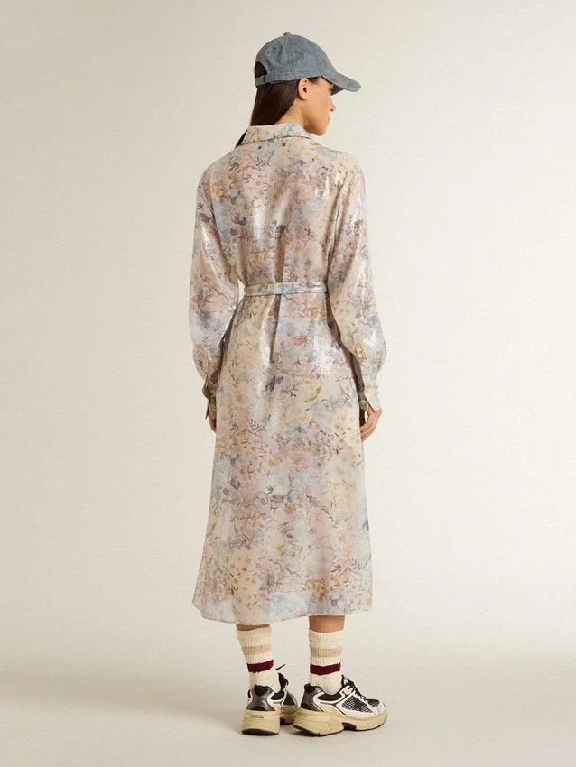 Abito camicia da donna con stampa floreale multicolore in paillettes