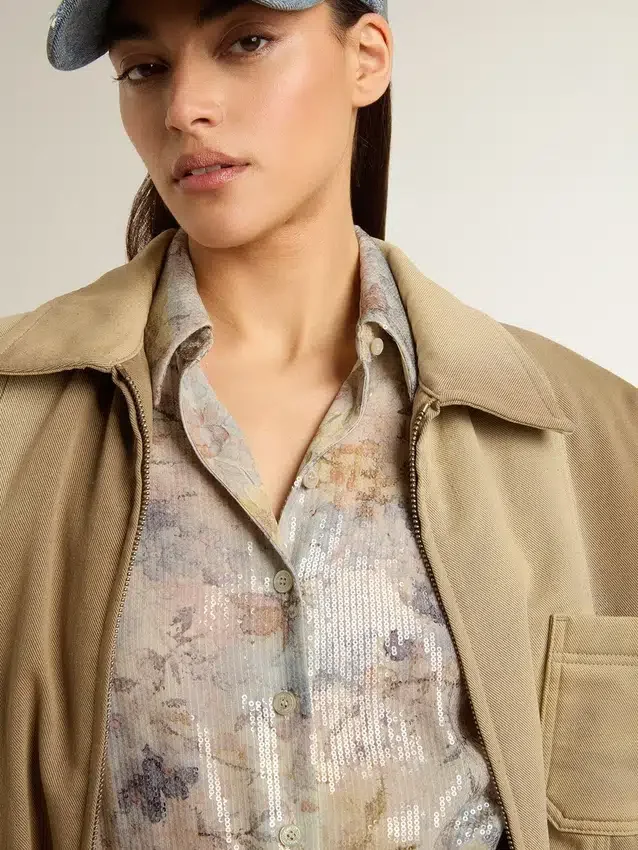 Abito camicia da donna con stampa floreale multicolore in paillettes