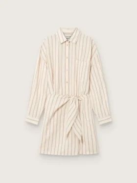 Abito camicia da donna in cotone écru a righe beige e marroni