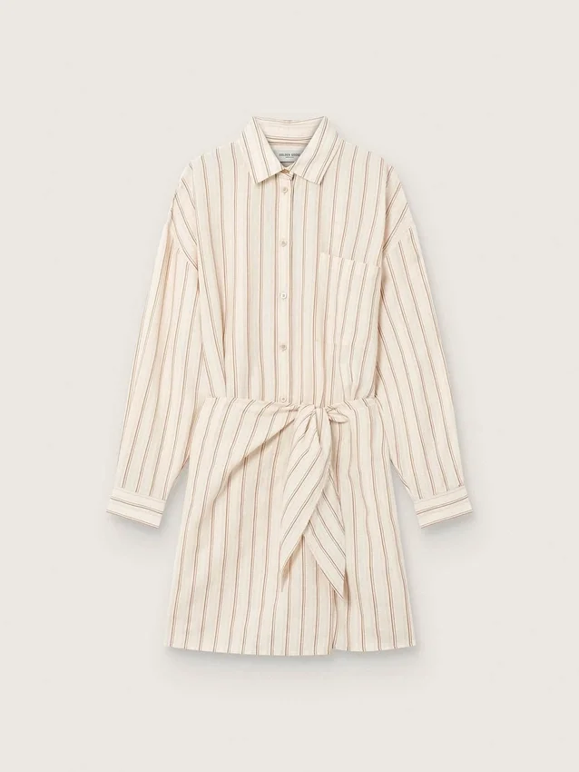 Abito camicia da donna in cotone écru a righe beige e marroni