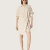 Abito camicia da donna in cotone écru a righe beige e marroni