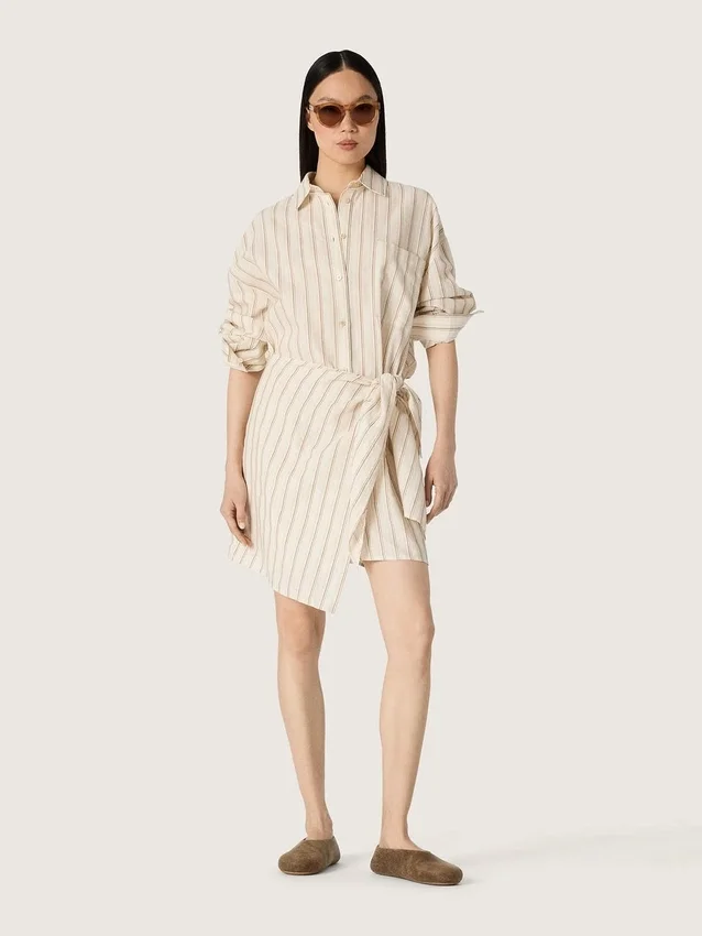 Abito camicia da donna in cotone écru a righe beige e marroni