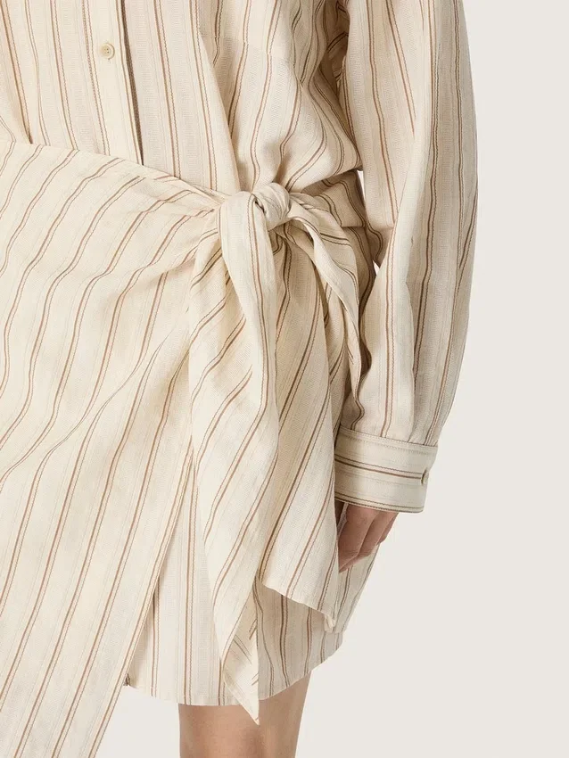 Abito camicia da donna in cotone écru a righe beige e marroni