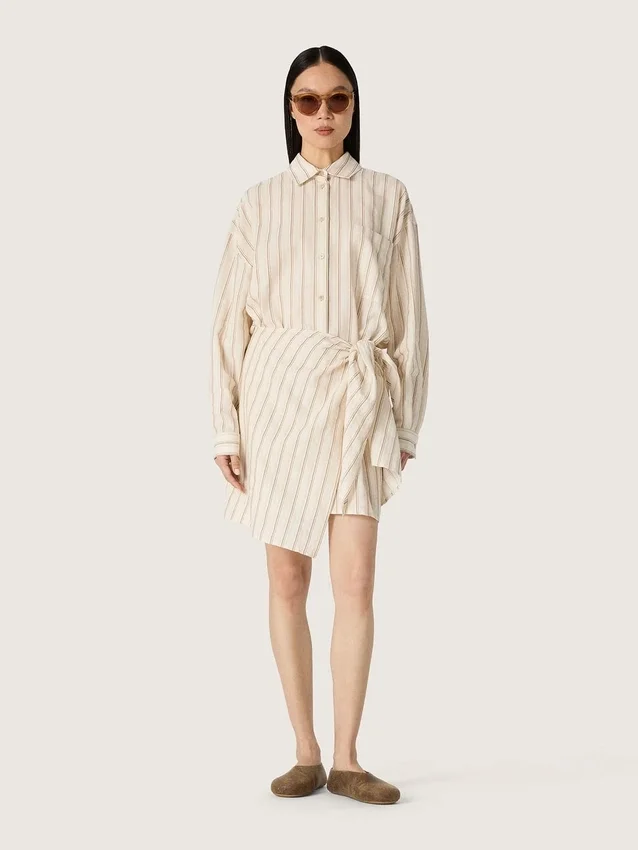 Abito camicia da donna in cotone écru a righe beige e marroni