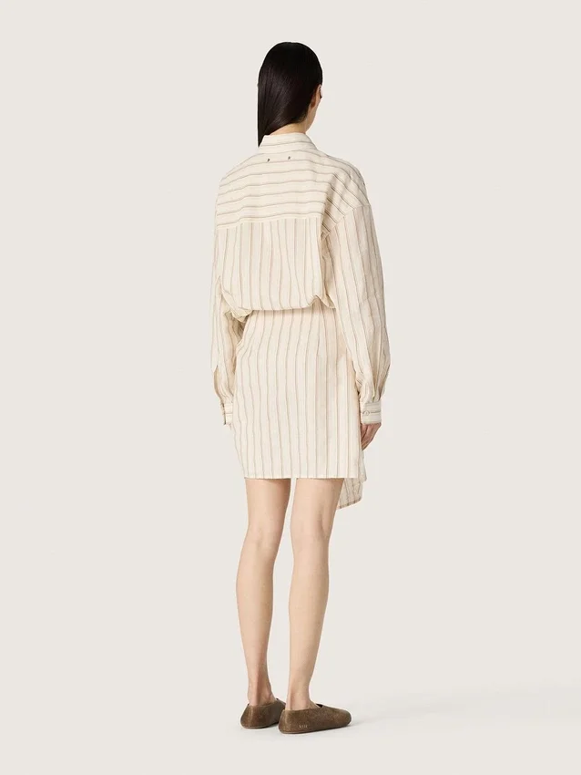 Abito camicia da donna in cotone écru a righe beige e marroni