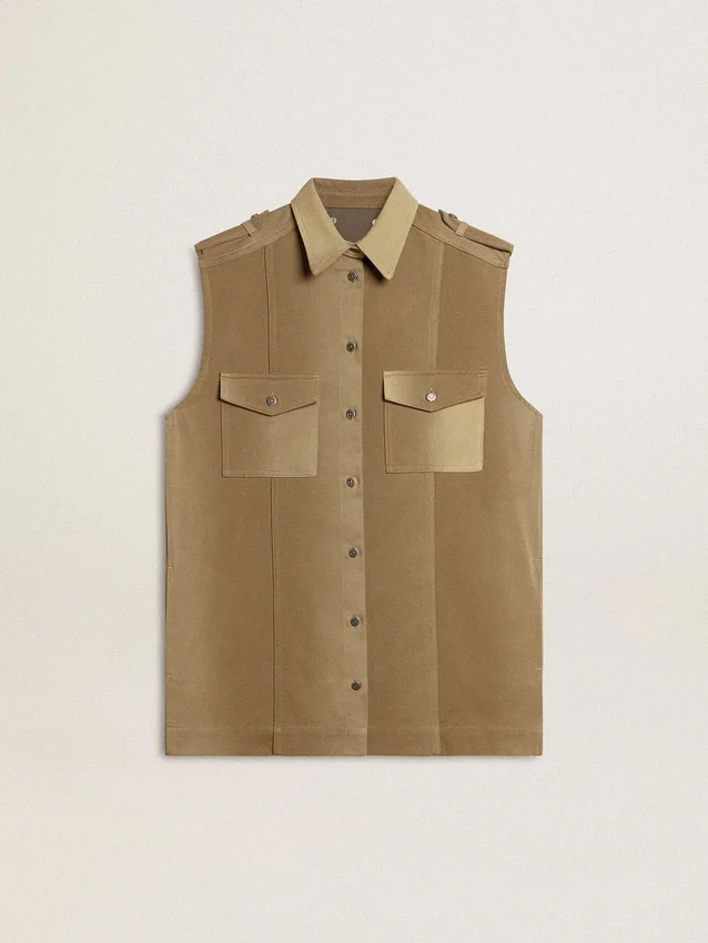 Abito camicia da donna in denim color sabbia con dettagli militari