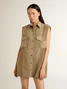 Abito camicia da donna in denim color sabbia con dettagli militari