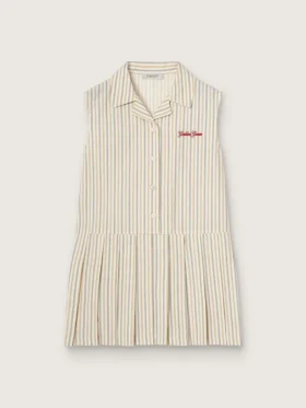 Abito camicia senza maniche a righe da bambina nei colori ecru, beige e grigio