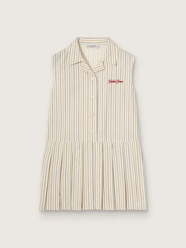 Abito camicia senza maniche a righe da bambina nei colori ecru, beige e grigio
