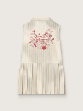 Abito camicia senza maniche a righe da bambina nei colori ecru, beige e grigio