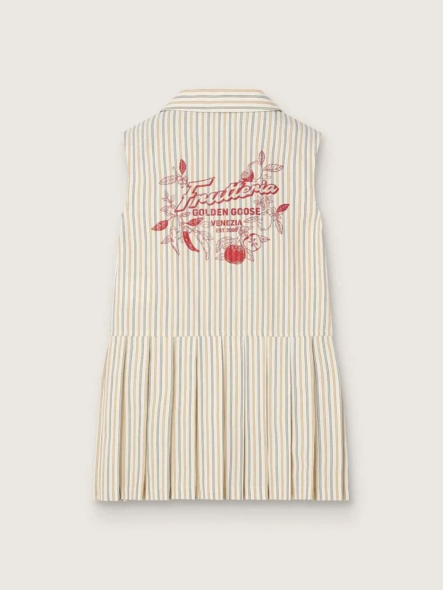 Abito camicia senza maniche a righe da bambina nei colori ecru, beige e grigio