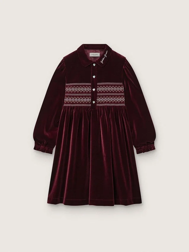 Abito da bambina bordeaux effetto velluto con ricamo sul davanti