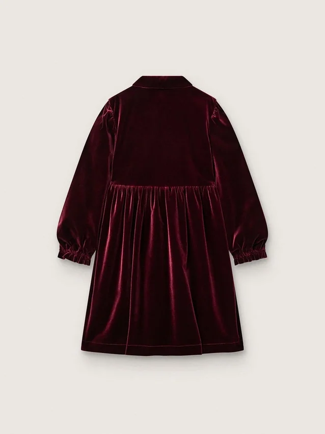 Abito da bambina bordeaux effetto velluto con ricamo sul davanti