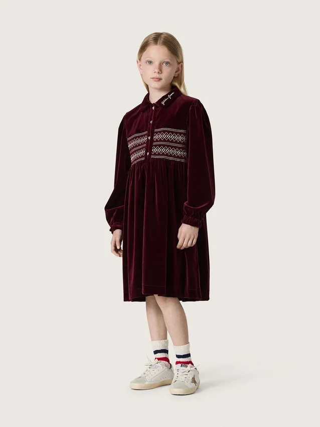 Abito da bambina bordeaux effetto velluto con ricamo sul davanti