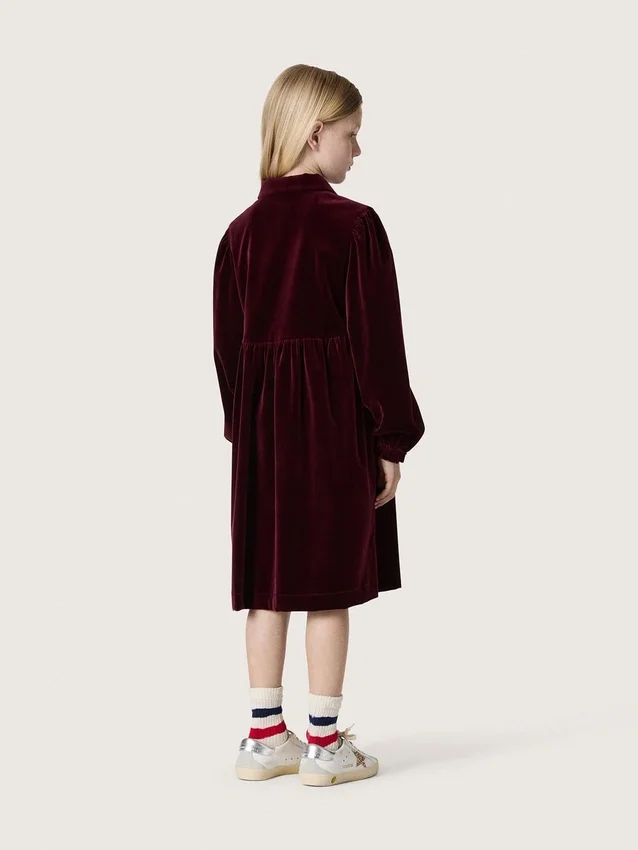 Abito da bambina bordeaux effetto velluto con ricamo sul davanti