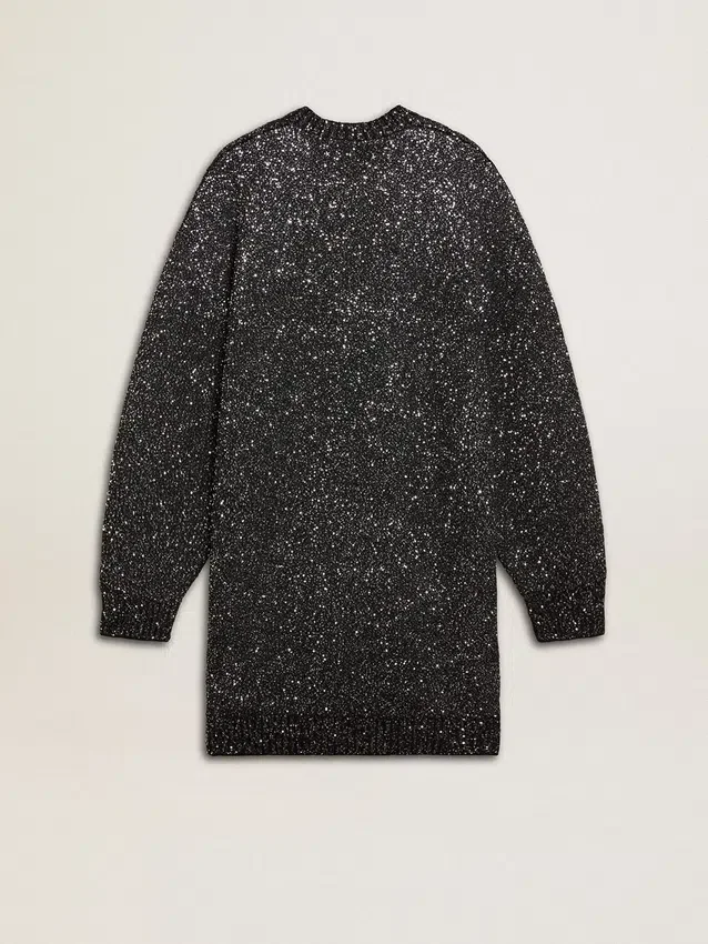 Abito da donna nero a girocollo con paillettes argentate su tutta la superficie