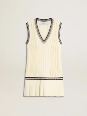 Abito gilet da donna in cotone bianco invecchiato con bordi a costine blu scuro e cristalli