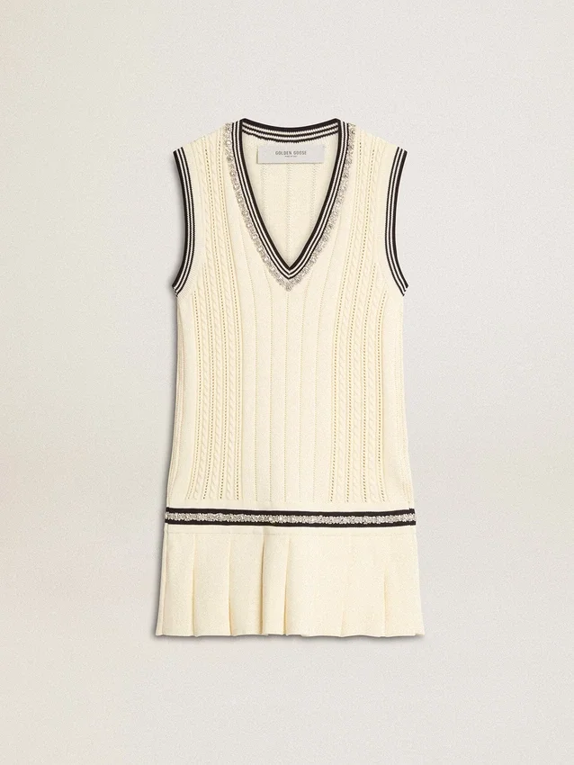 Abito gilet da donna in cotone bianco invecchiato con bordi a costine blu scuro e cristalli