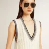 Abito gilet da donna in cotone bianco invecchiato con bordi a costine blu scuro e cristalli