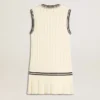 Abito gilet da donna in cotone bianco invecchiato con bordi a costine blu scuro e cristalli