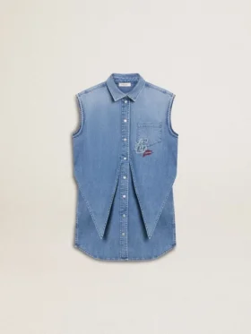 Abito in denim da bambina con nodo sul davanti e ricami