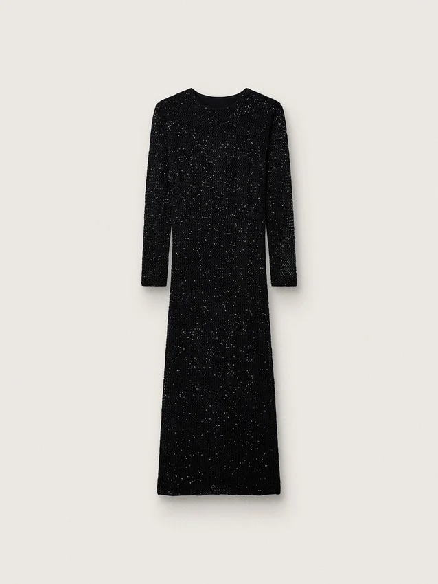 Abito lungo da donna in rete nera con paillettes nere