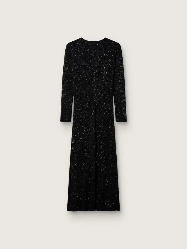 Abito lungo da donna in rete nera con paillettes nere