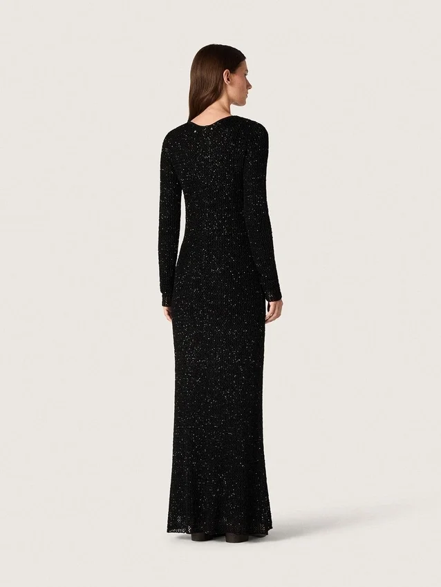 Abito lungo da donna in rete nera con paillettes nere